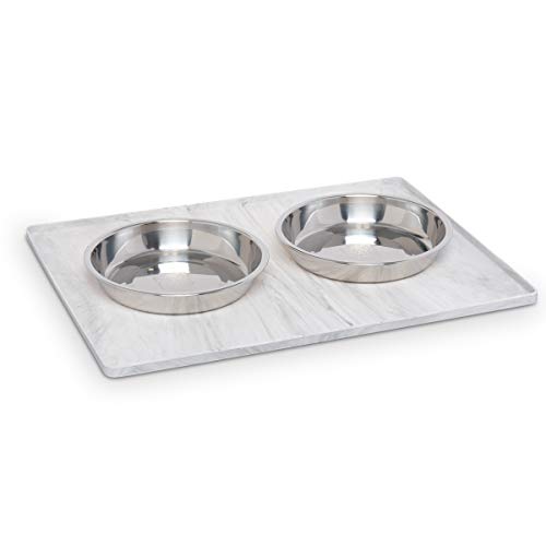 Messy Mutts & Cats Silicone Non-Slip Pet Bowl Mat with Raised Edge | 16” X 12” Dog/Cat Bowl Mat with Spill-Proof Lip | Marble