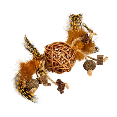 WauCat Fun Natural Cat Toy Wicker Ball with Bells and Feathers 20cm