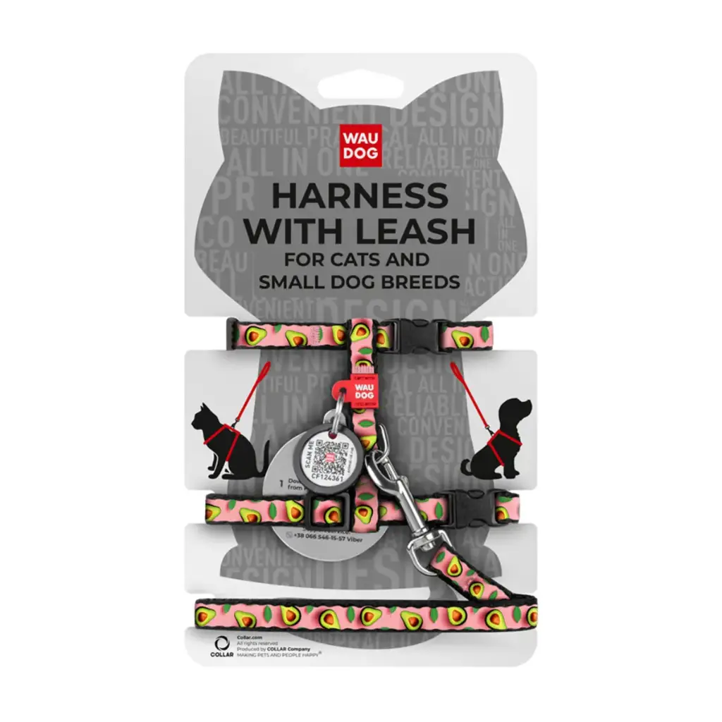 WauDog Nylon 'Avocado on Pink' Cat or Small Dog Harness with lead XSmall