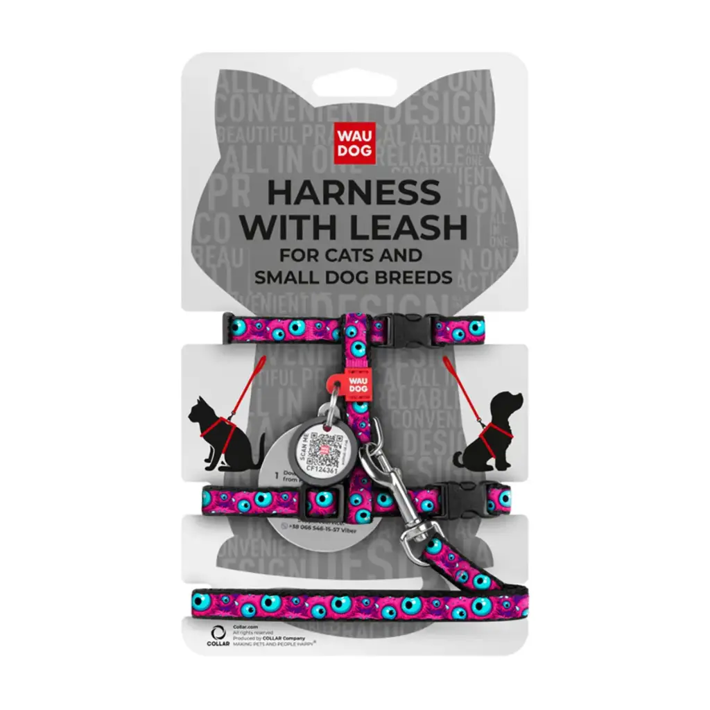 WauDog Nylon 'Monster Eye' Cat or Small Dog Harness with lead XSmall