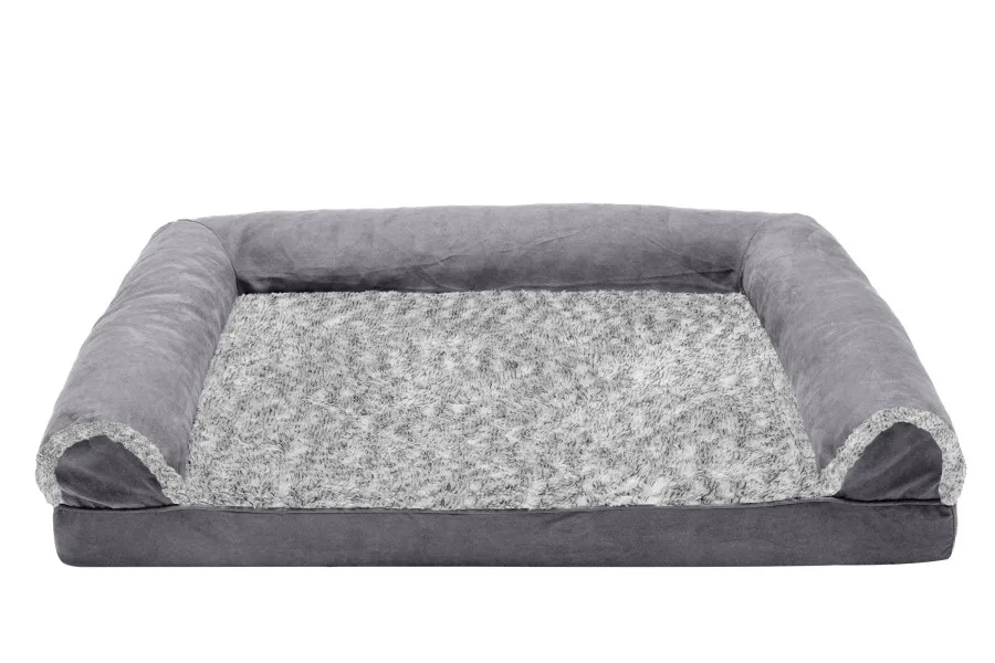 Furhaven Two-Tone Faux Fur Suede Sofa Ortho Pet Bed Gray Medium