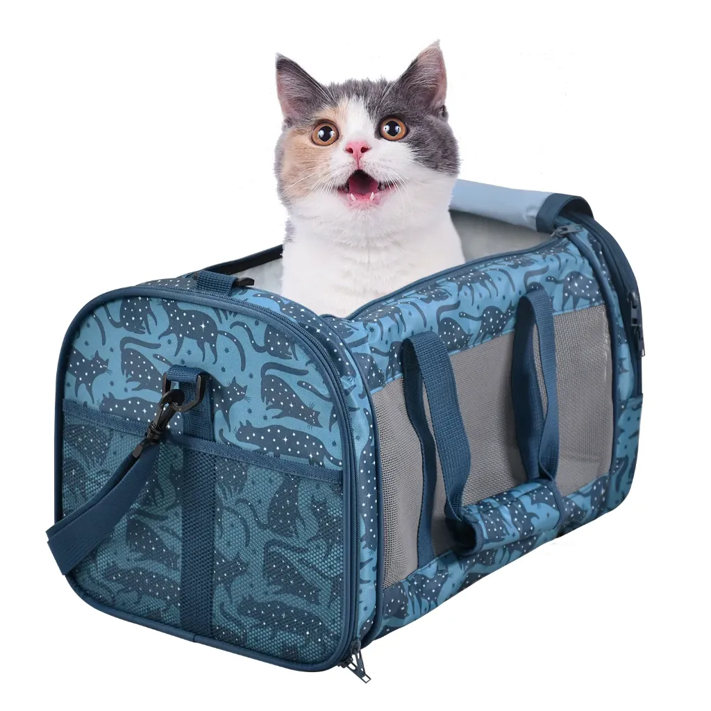 GOOPAWS Soft-Sided Travel Pet Carrier Bag, Blue Cat Print